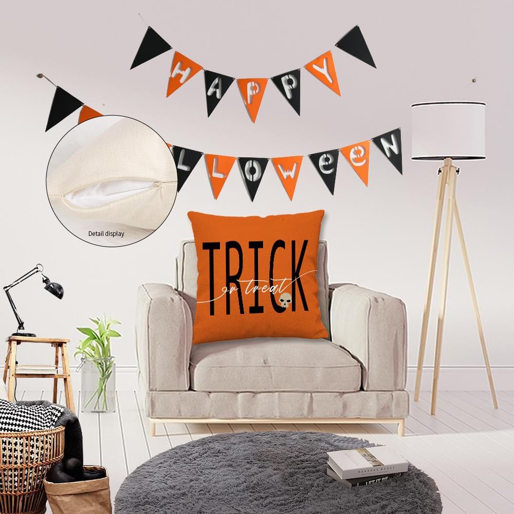 BOFKYIC Juego de 4 fundas de almohada de 18 x 18 pulgadas con texto en inglés Happy Halloween con texto en inglés Truco o trato con diseño de