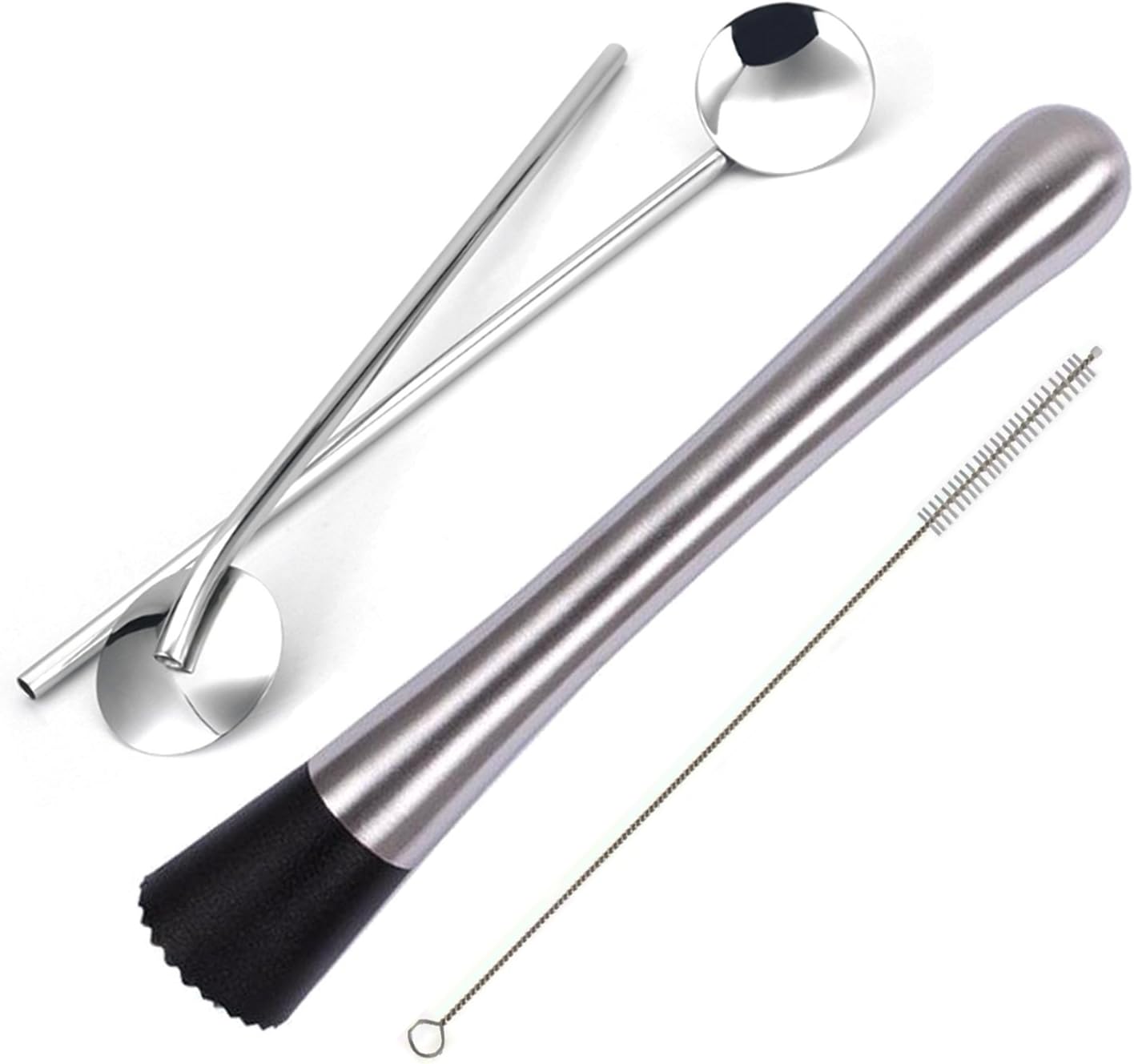 Juego de 2 cucharas mezcladoras y pajitas de acero inoxidable con barra de cepillo de limpieza para preparar cócteles sabrosos con facilidad