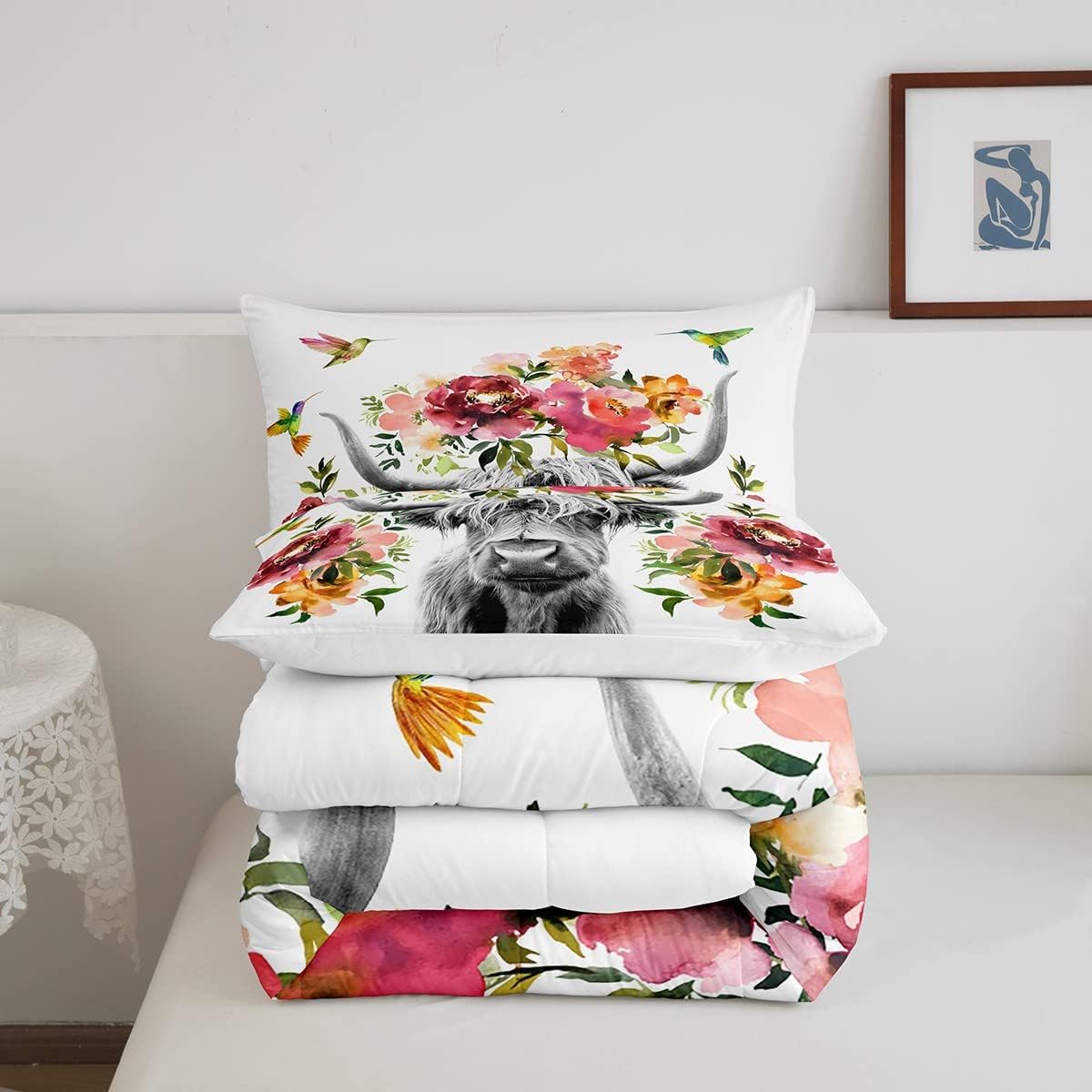 Erosebridal Highland Cow – Juego de edredón floral de tamaño matrimonial, juego de ropa de cama de flor de ganado toro, vida silvestre, granja,