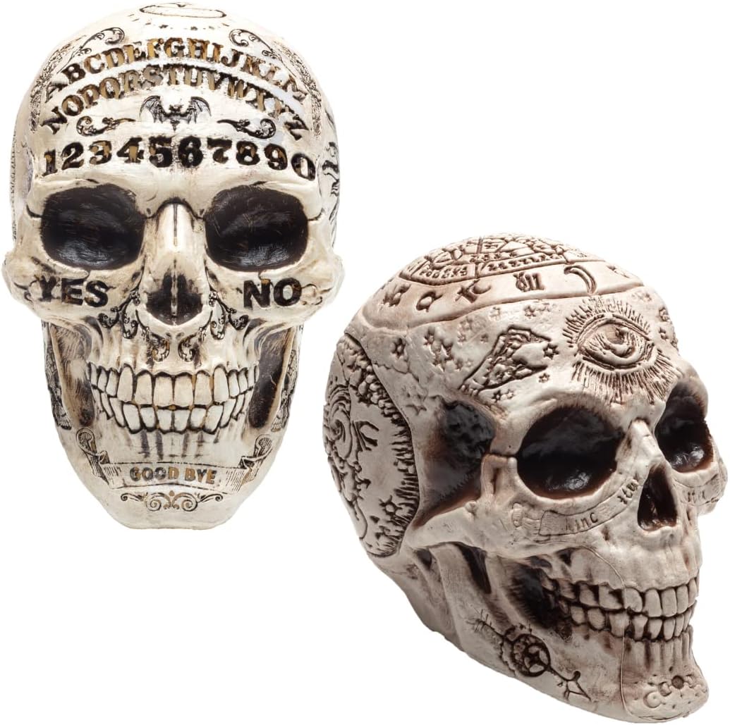 Tabla de calaveras del zodiaco y el espíritu de Halloween, paquete de 2, escultura de esqueleto de cabeza humana de 7 x 6.5 pulgadas, decoración de