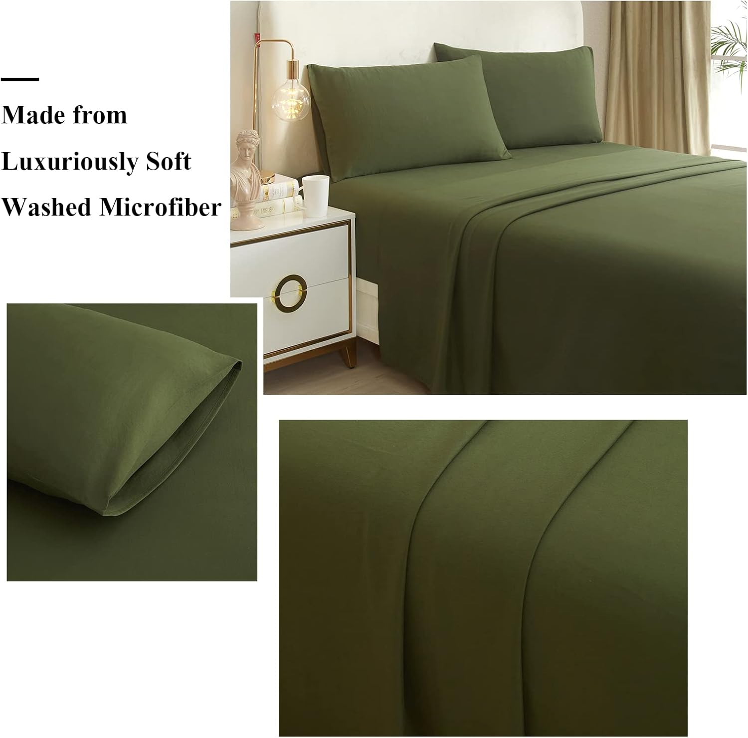 Juego de sábanas tamaño California King, color verde militar, sábanas refrescantes de 4 piezas para cama tamaño California King, sábanas y fundas de