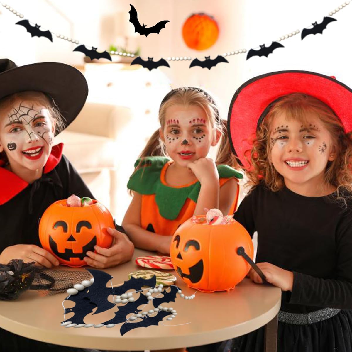 Guirnalda de murciélagos para decoración de Halloween para interiores y exteriores, cuentas de fieltro, murciélagos de madera, guirnalda de cuentas
