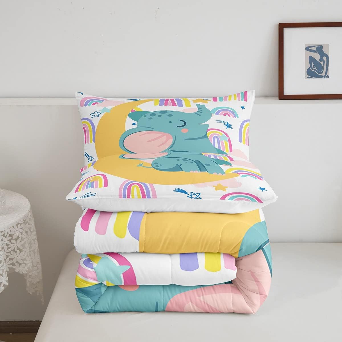 Feelyou Juego de edredón con diseño de arco iris, juego de ropa de cama con estampado de elefante, lindo juego de edredón acolchado de animales para