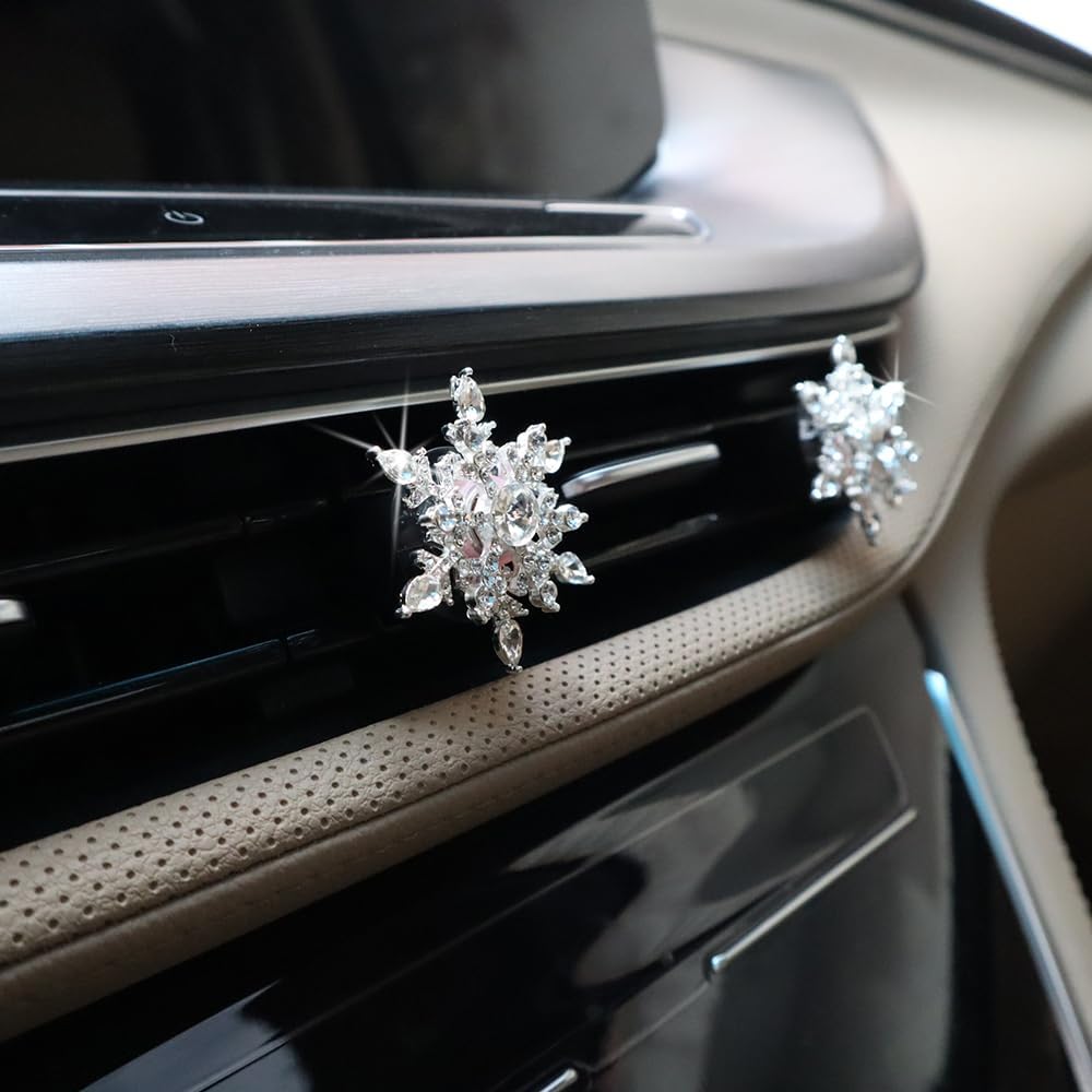 ORIESSE Clips de ventilación para ambientador de automóvil, 2 piezas de accesorios giratorios de copo de nieve plateados, accesorios de automóvil
