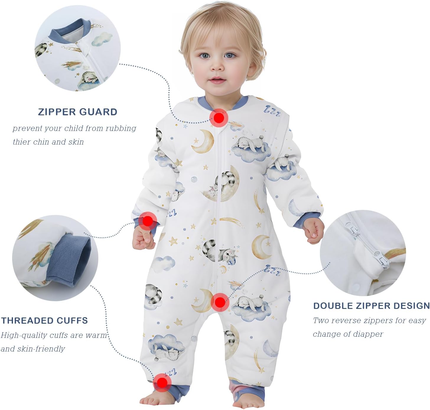 Saco de dormir para bebé con piernas, manta 100% algodón con pies, saco de dormir desmontable de manga larga con cremallera de 2 vías y botones,