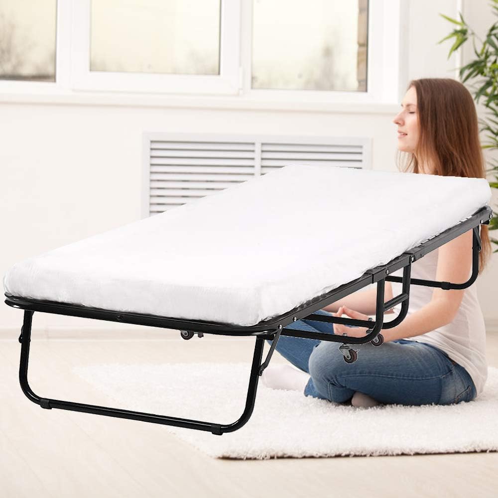 Cama plegable, cama plegable para invitados, tamaño individual, con marco de metal con colchón de espuma de 3 pulgadas, capacidad de 330 libras,