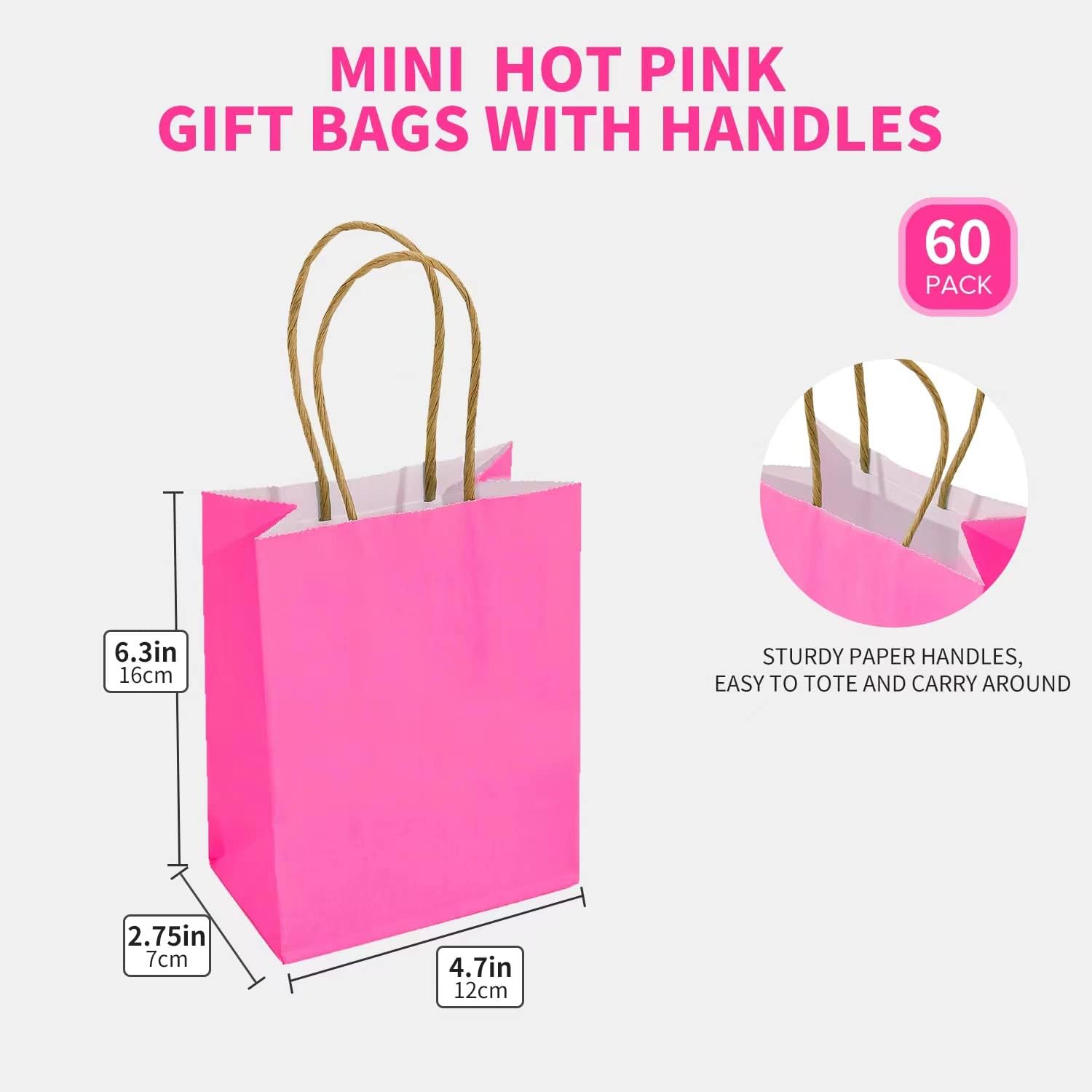 DjinnGlory Paquete de 60 pequeñas mini bolsas de regalo de papel rosa intenso con asas de 6.3 x 4.7 x 2.75 pulgadas para el día de la madre,