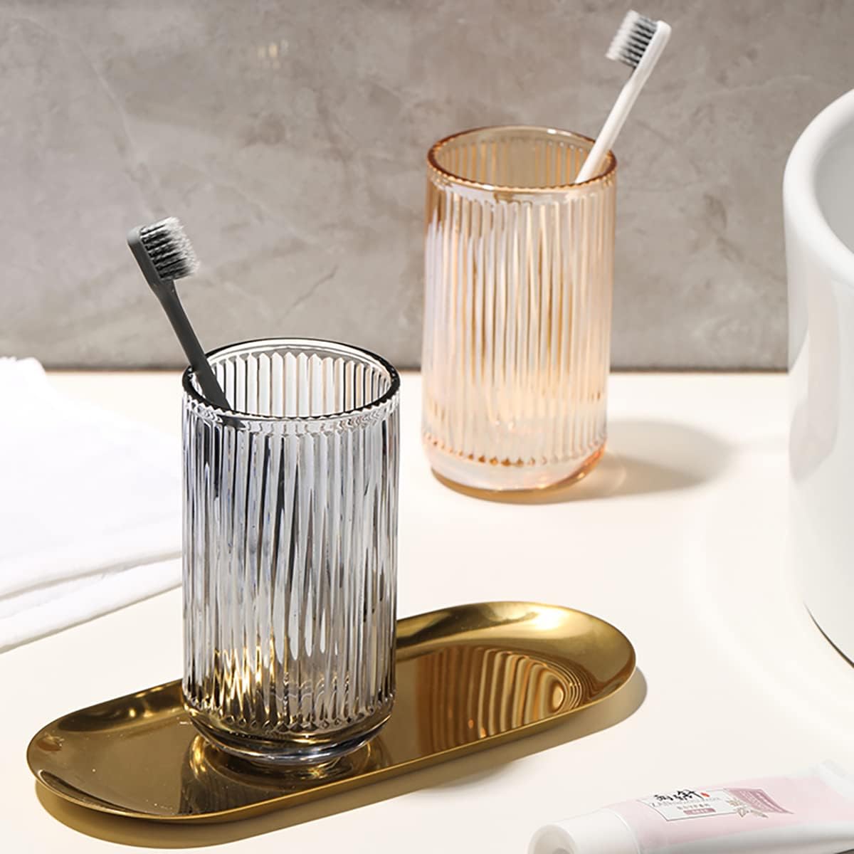 2 vasos de vidrio, soporte para cepillos de dientes, tazas de baño, 13 onzas