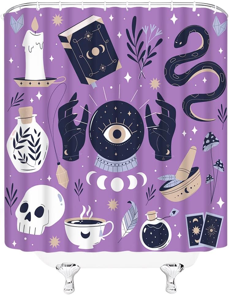 Cortina de ducha de Halloween con diseño de calavera de bruja, mano espeluznante, quiromancia, fase lunar, alquimia gótica, tablero de ouija,