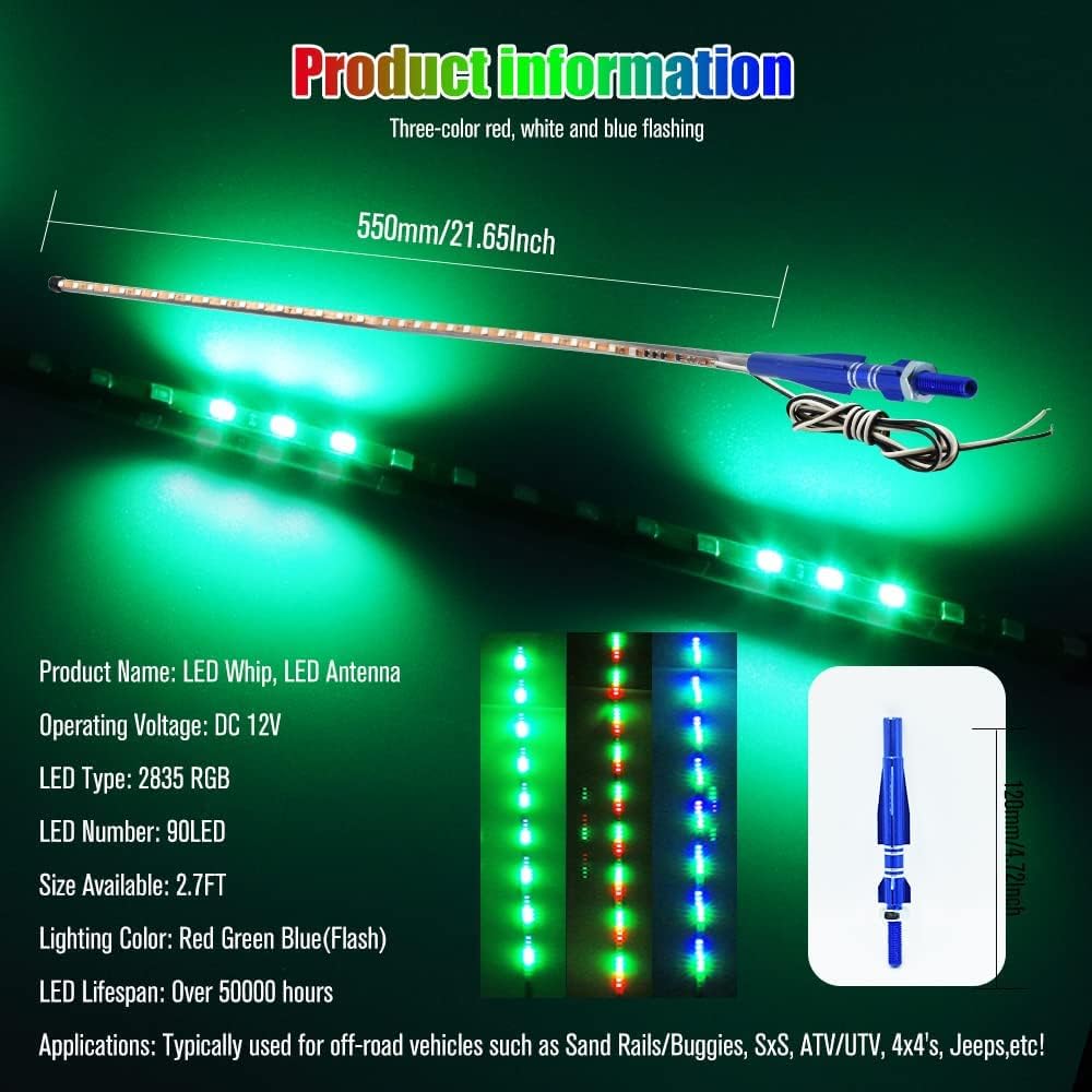 2 luces LED RGB de 2 pies para látigo de 270, luz estroboscópica de 270, luz LED impermeable para todoterreno, ATV, UTV, RZR, camión, barco, Can-am.