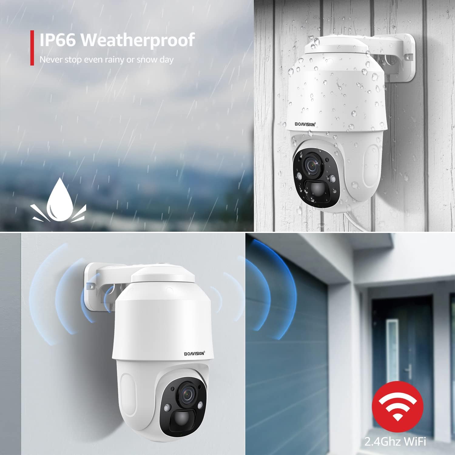 BOAVISION Cámara de seguridad alimentada por batería para exteriores, inclinación panorámica, visión de 355, IP66, impermeable, recargable,