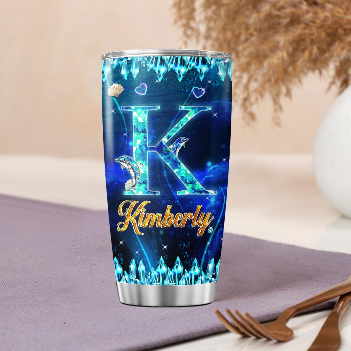 Vaso de café personalizado con inicial, taza de viaje de delfín con tapa, nombre personalizado, regalos de cumpleaños para mujeres, adolescentes,