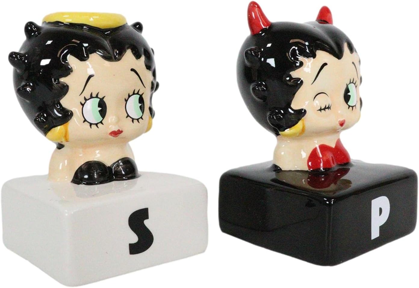 Ebros Gift Novedosa colección de Betty Boop con halo y cuernos de cerámica cómica de sal y pimentero, juego de figuras coleccionables americanas