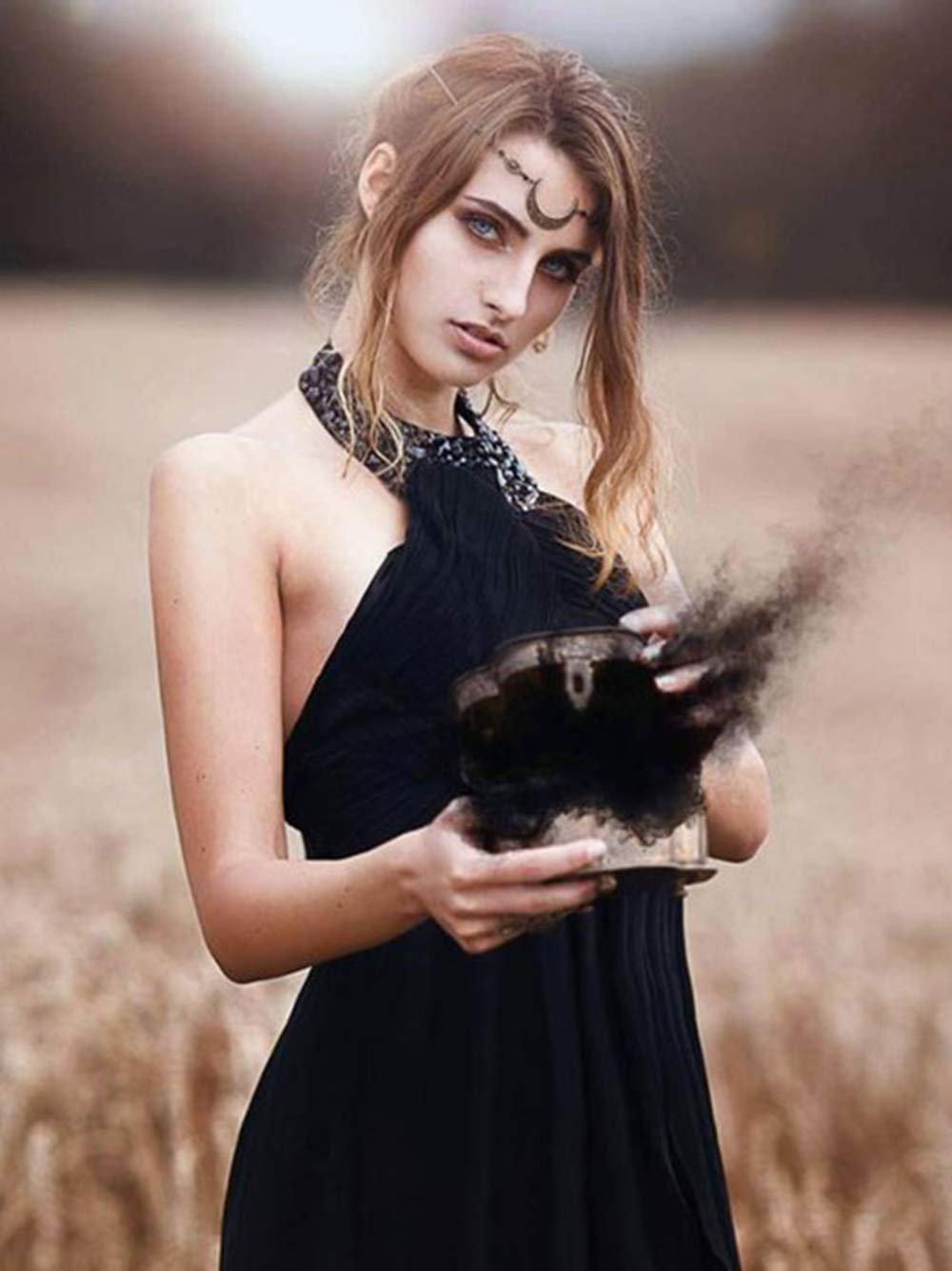 DoubleNine – Colgante de gota de luna creciente con borlas, cadena para la cabeza, cuentas negras, diadema retro de piedra natural, accesorios para