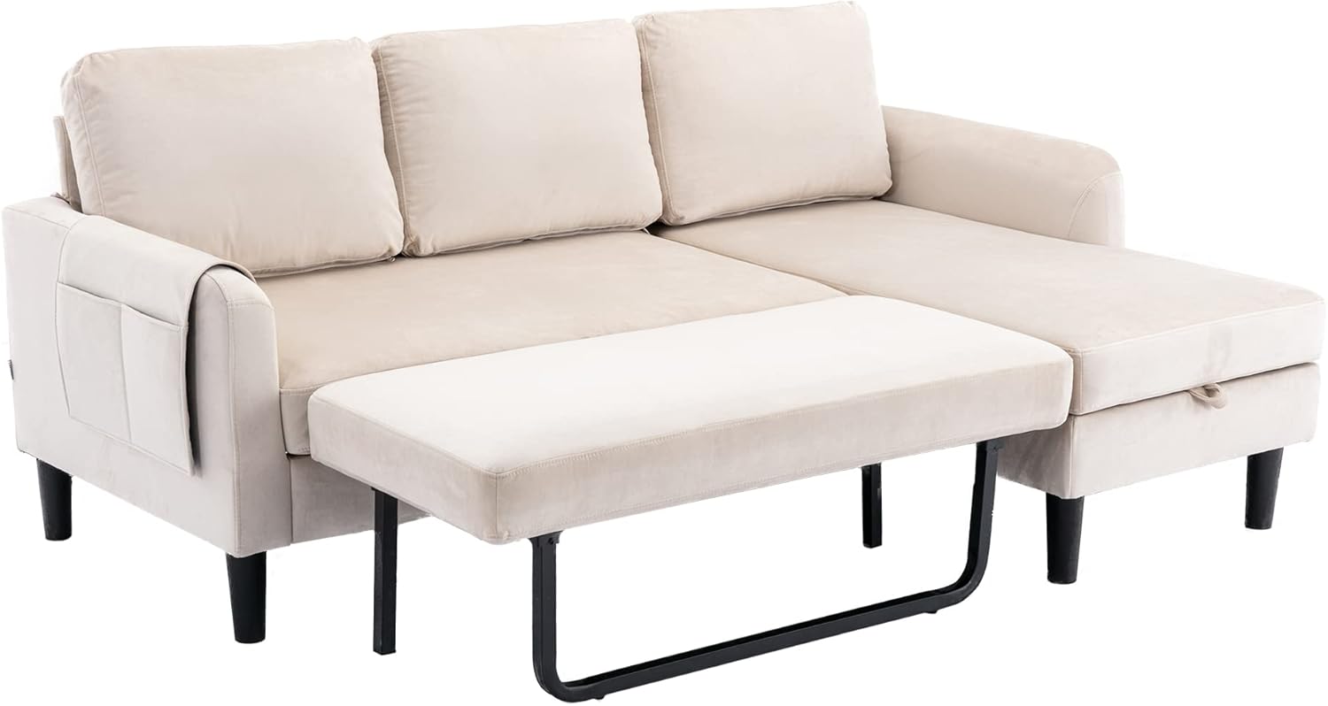 Tumbona seccional de 3 plazas, cama extraíble convertible en forma de L y almacenamiento, cómodo sofá esquinero tapizado de terciopelo para sala de