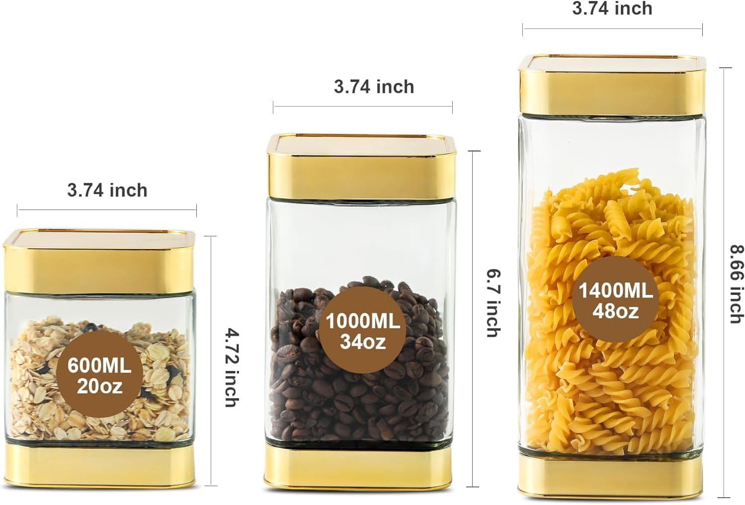 Tarros de almacenamiento de vidrio, recipientes grandes de vidrio de cocina con tapas herméticas, para café, pasta, té, aperitivos, nueces,