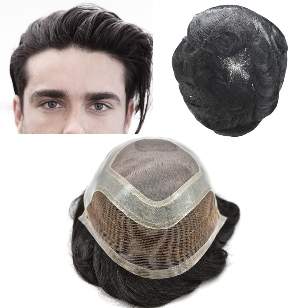 RESHE Toupee – Sistema de pelo para hombres, sistema de reemplazo de cabello humano real, monofilamento duradero, pieza de pelo tipo tupé, prótesis