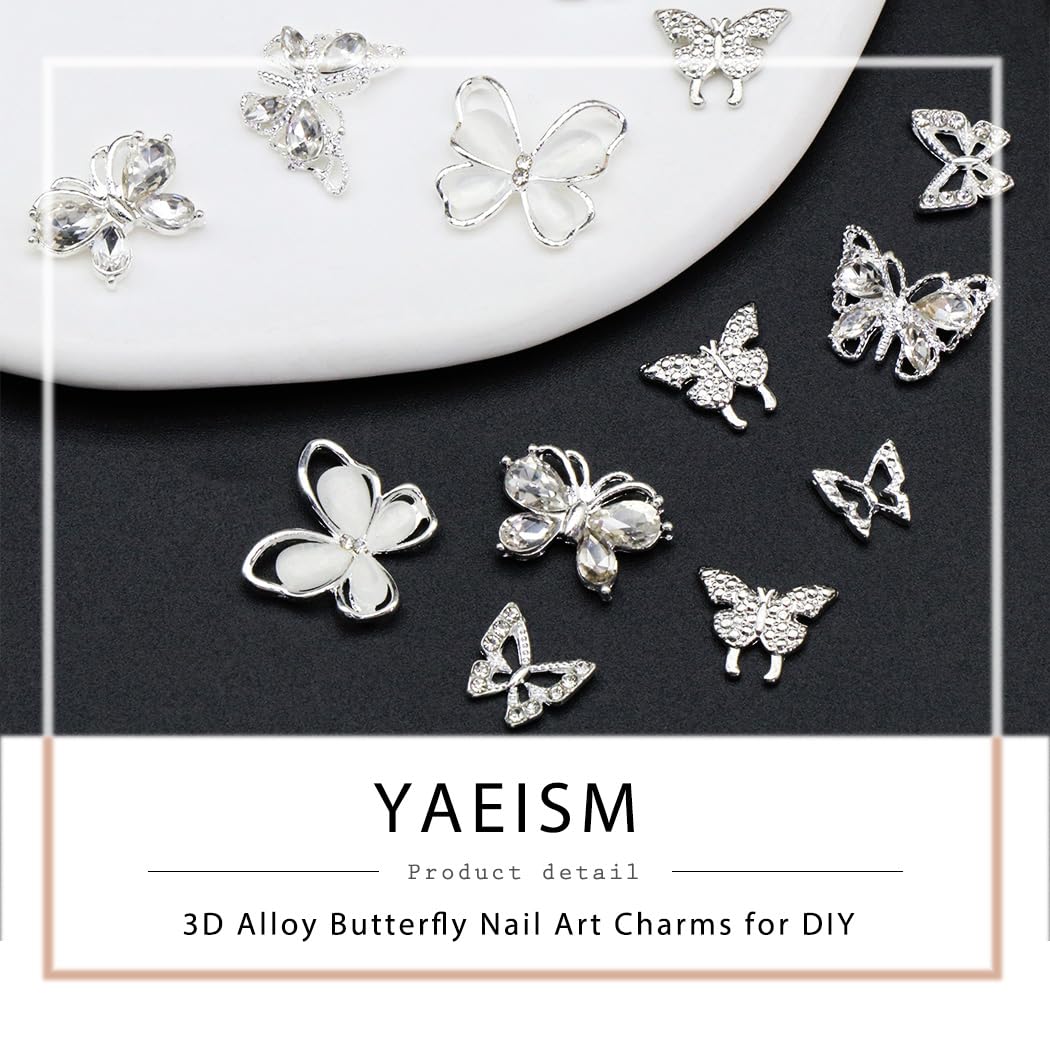 Kit de dijes para arte de uñas con flores blancas acrílicas 3D, 20 piezas de dijes de mariposa de metal con formas mixtas, diamantes de imitación