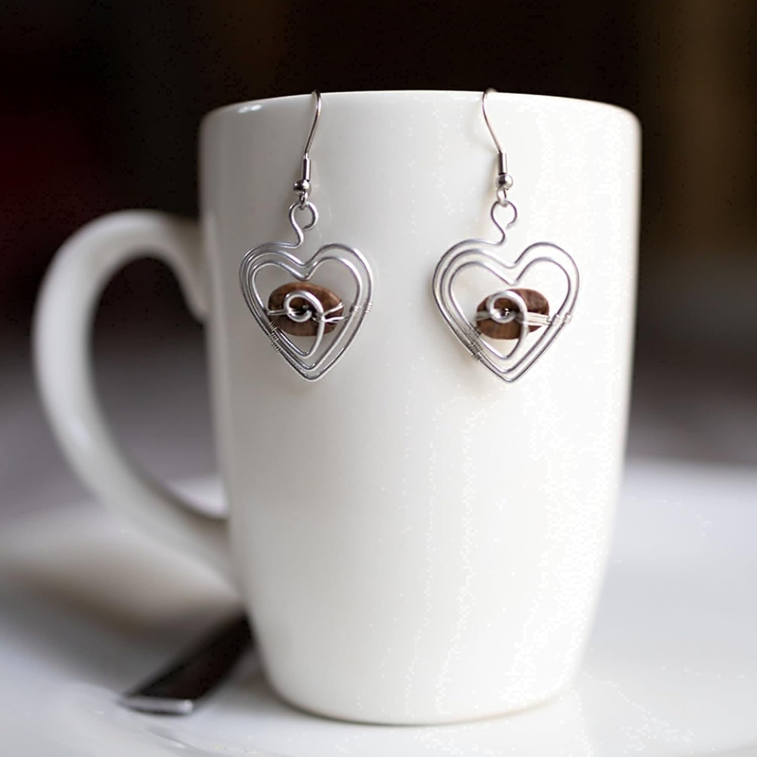 Coffee Lovers Jewelry Gift for Mom, Coffee Bean Heart Earrings Handmade with Love by Mothers In Need