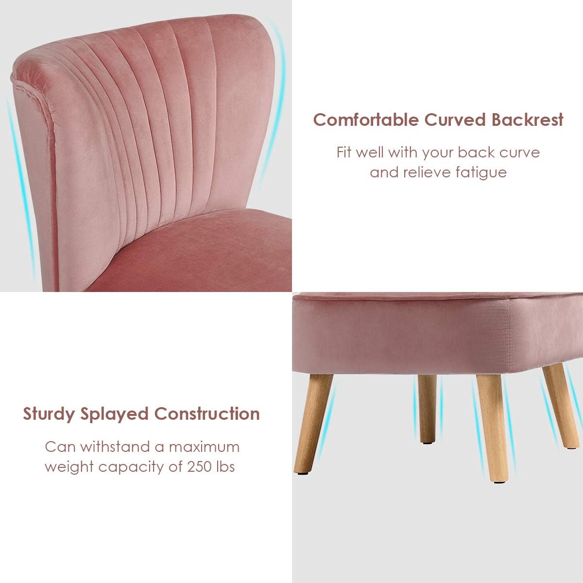 Giantex Silla decorativa de terciopelo, moderna silla tapizada con patas de madera, acolchada gruesa, sillas pequeñas sin brazos para sala de estar,