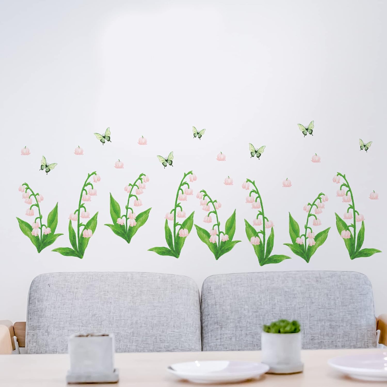 Calcomanías de pared de flores rosas y plantas verdes, calcomanías de pared de vinilo extraíble con mariposas para sala de estar, dormitorio,