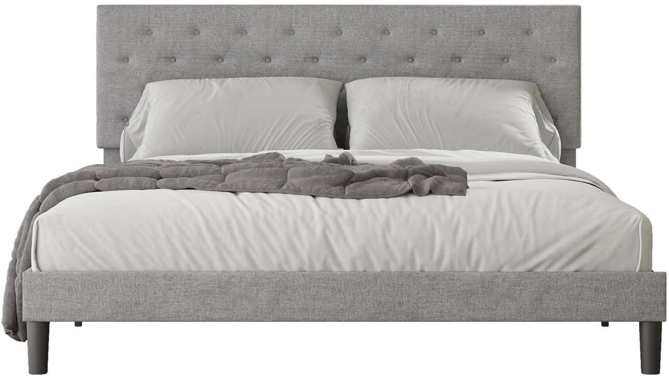 Base de cama tapizada de tamaño matrimonial con cabecera de botón ajustable, base de colchón con soporte de listones de madera, no necesita somier,