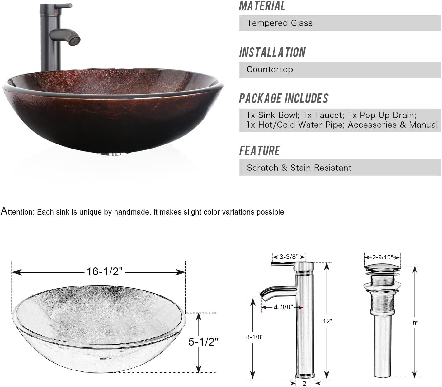 eclife Juego de lavabo de tocador de baño de 24 pulgadas montado en la pared con dos cajones marrón redondo vidrio templado fregadero con grifo ORB,