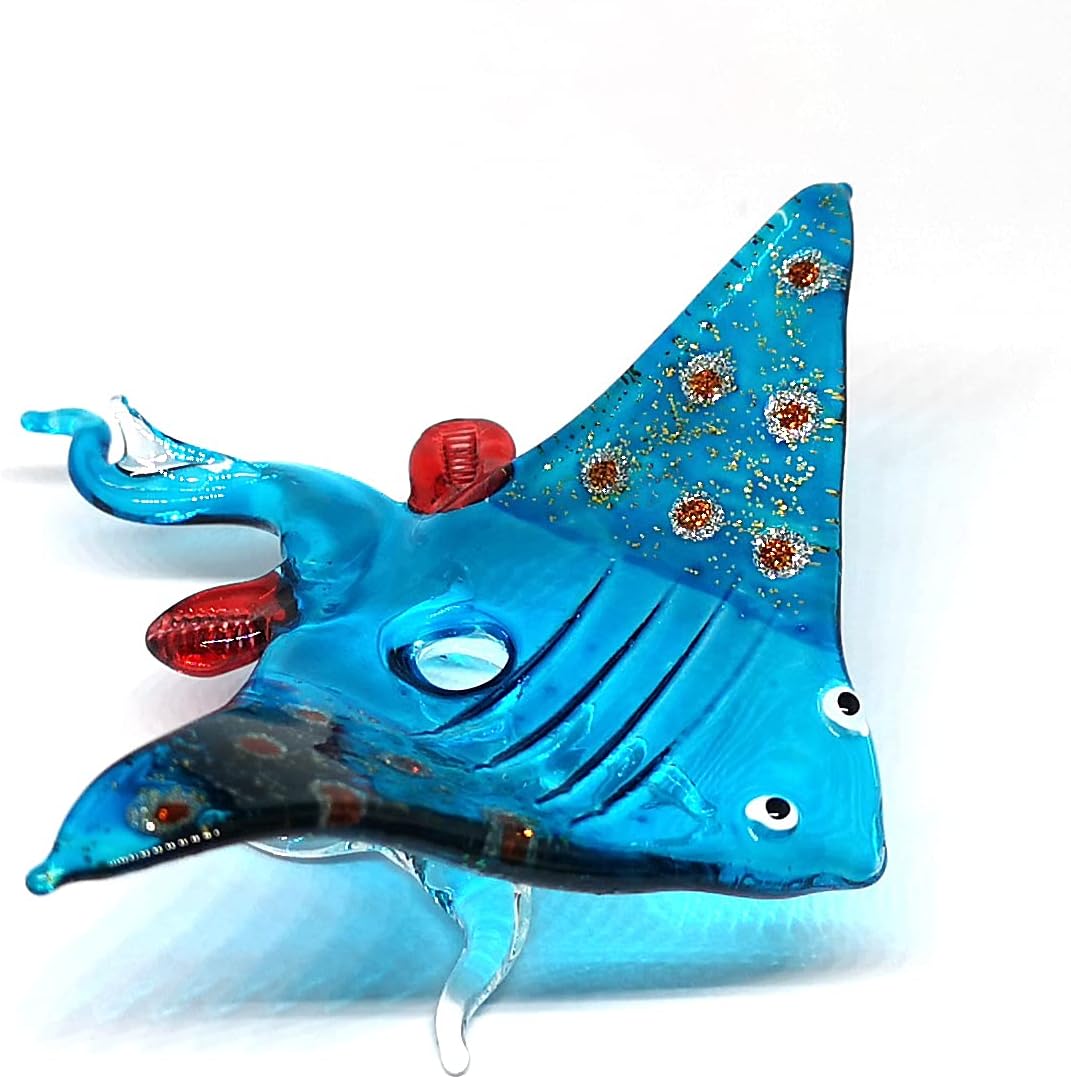 ZOOCRAFT Figura de cristal de mantarraya azul soplado a mano, adorno coleccionable para acuario en miniatura, decoración costera, 3.0 x 3.1 x 1.3