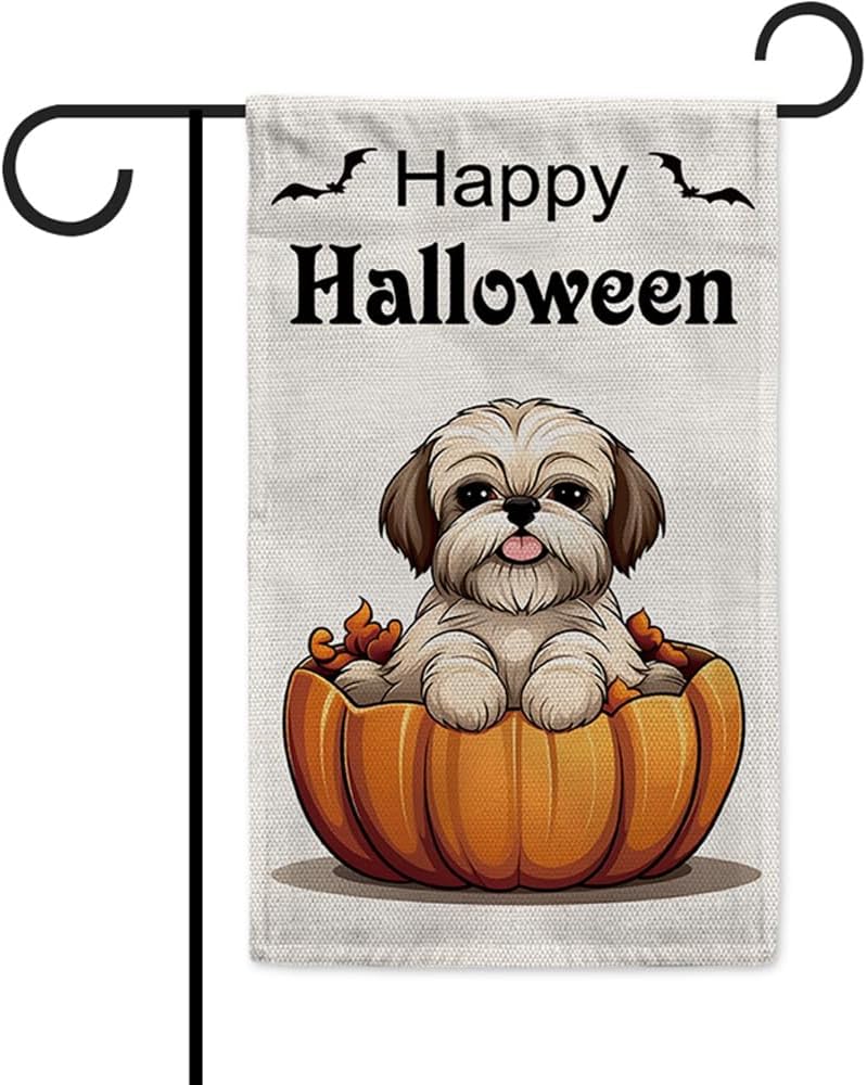 KafePross Bandera de jardín de perro Shih Tzu de Halloween de 12.5 x 18 pulgadas, vertical de doble cara con diseño de calabaza de Feliz Halloween,