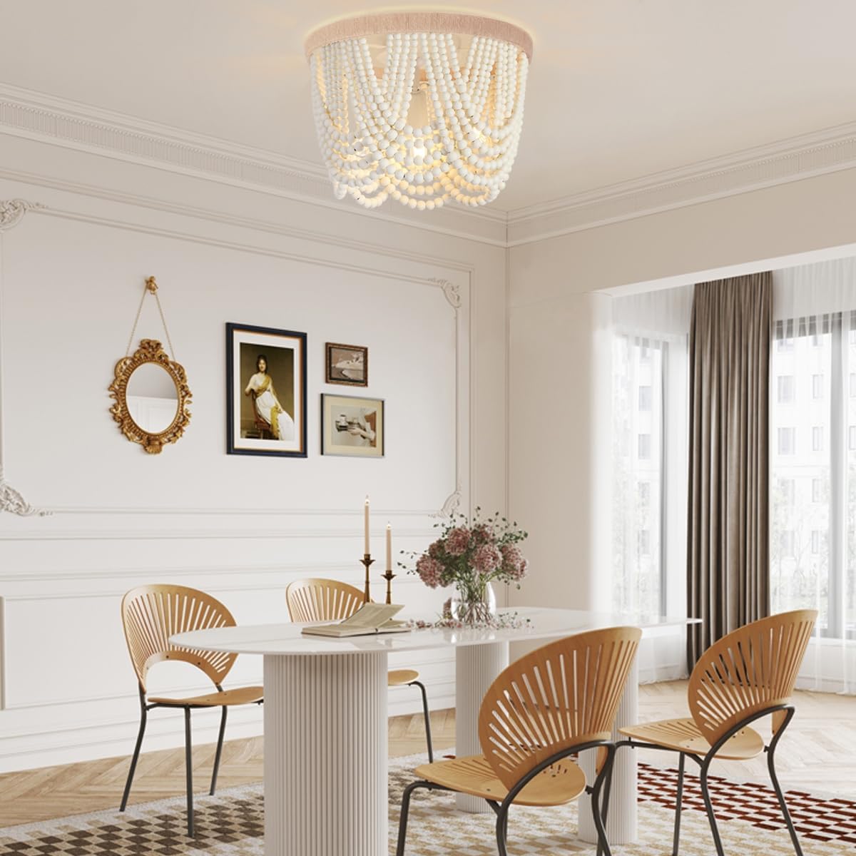 Candelabro bohemio con cuentas de madera, lámpara de techo empotrada, lámpara de techo antigua de yute con cuentas de madera de granja, accesorio