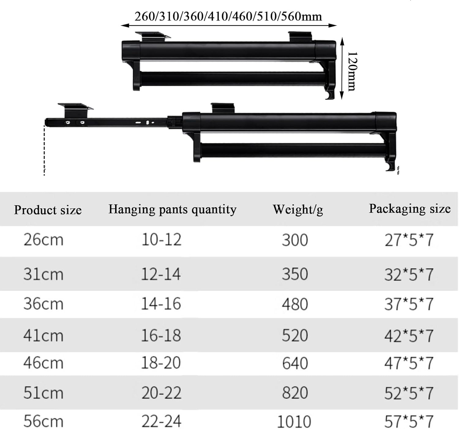 Percha de acero inoxidable extraíble para ropa, barra ajustable para armario, barra de perchero para pantalones, 55.1 lbs, negro, 10.236 in