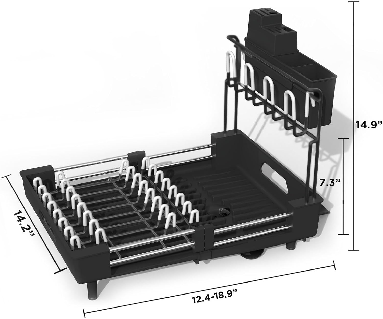Ollieroo Escurridor de platos, resistente al óxido para encimera de cocina con soporte extraíble para utensilios, ranuras para cuchillos y soporte