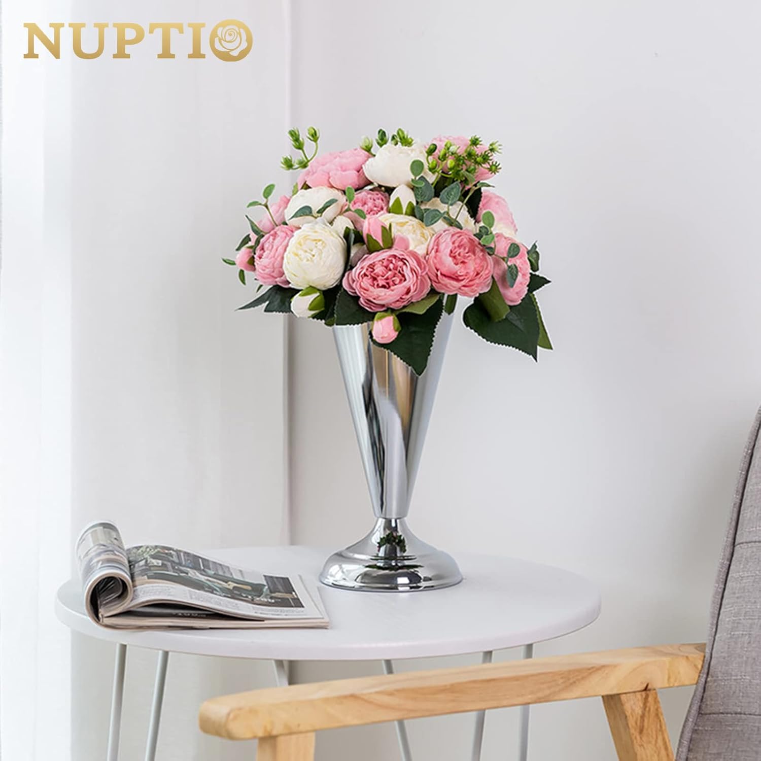 Nuptio Jarrón decorativo de metal con diseño de trompeta para flores, para bodas, centros de mesa, arreglos de flores artificiales para