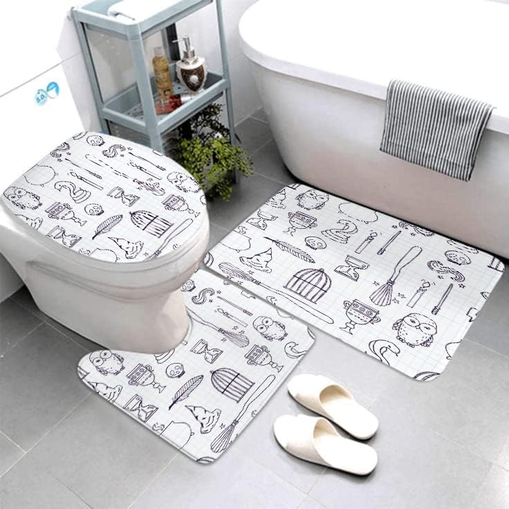 Juego de 4 cortinas de ducha con alfombras antideslizantes, cubierta para tapa de inodoro y tapete de baño, equipo de bruja, diseño de varita,