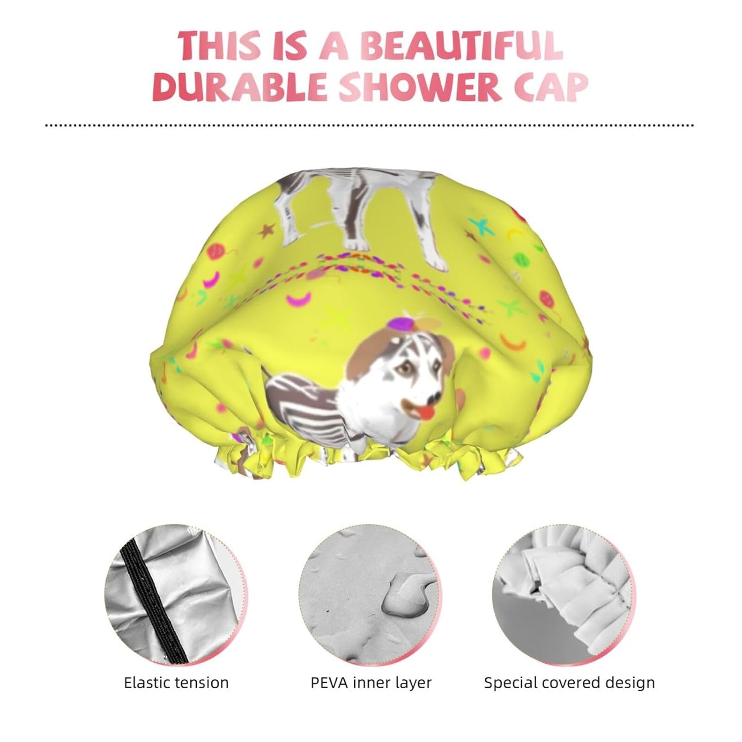 Cartoon Grey And White Dog Reusable Double Layer Waterproof Shower Cap With Elastic Cord For Home Cleaning Facial Care Shower