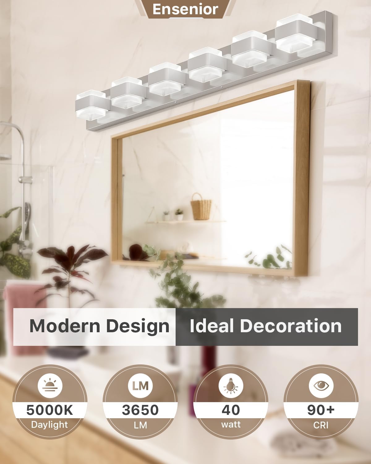 Ensenior Lámparas de baño, luces LED regulables sobre el espejo, CRI 90, luz diurna de 5000 K, acero inoxidable acrílico, 6 luces para tocador