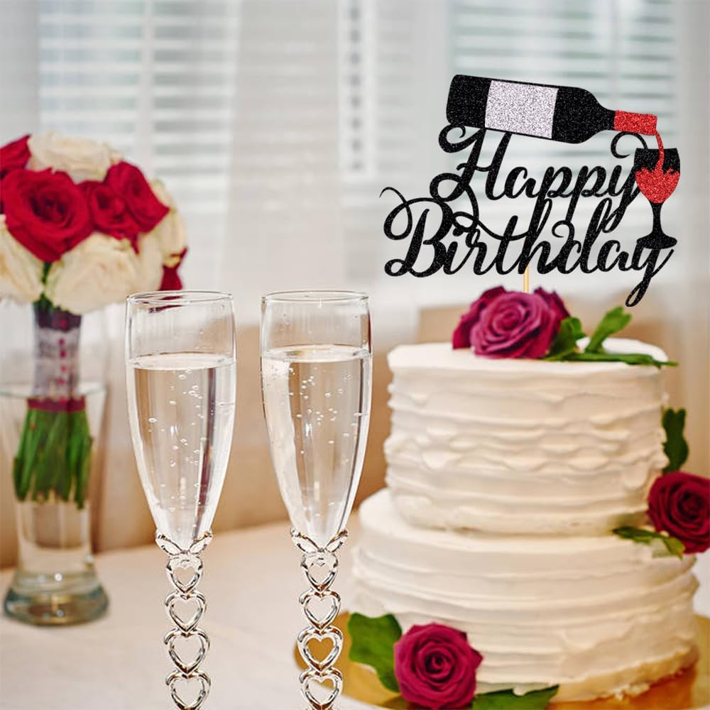 Red Wine Happy Birthday Cake Topper-Cheers & Red Wine Cake Pick for Celebrating Glorymoment Red Wine Theme Birthday Theme Party Supplies