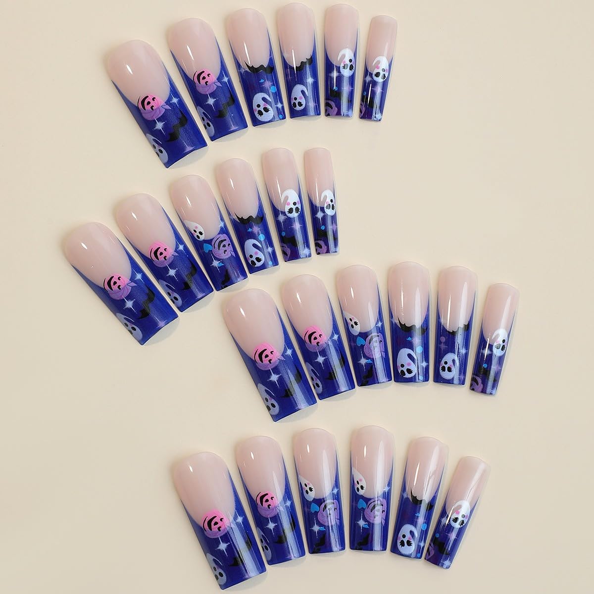 Uñas postizas extralargas a presión para Halloween, uñas postizas de punta francesa con murciélagos negros, corazón azul, estrella, asterismo,