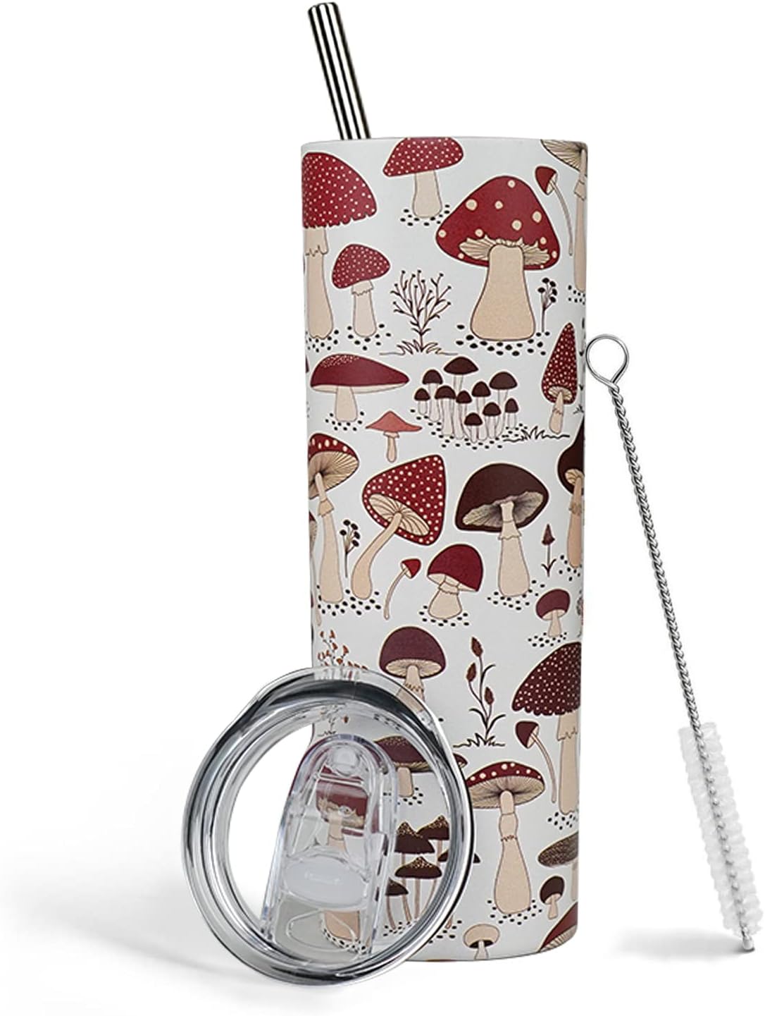 Yuzlin Vaso de hongos con tapa y pajita, de acero inoxidable, de 20 onzas, vaso delgado con diseño de hongos, taza de viaje, lindo vaso de café,
