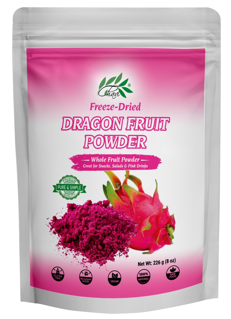 CHAVI Polvo de fruta del dragón liofilizado  8 onzas  (Pitaya rosaPitahaya), para batidos, hornear y batidos, sin azúcares añadidos ni conservantes,