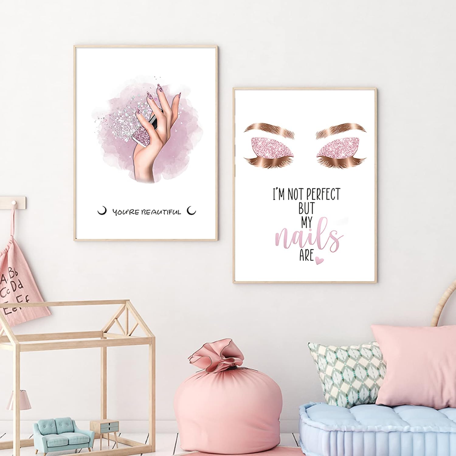 Bankrenart Arte de pared de maquillaje rosa con pestañas, arte de pared de moda, decoración de habitación de niña, sin marco, decoración de pared