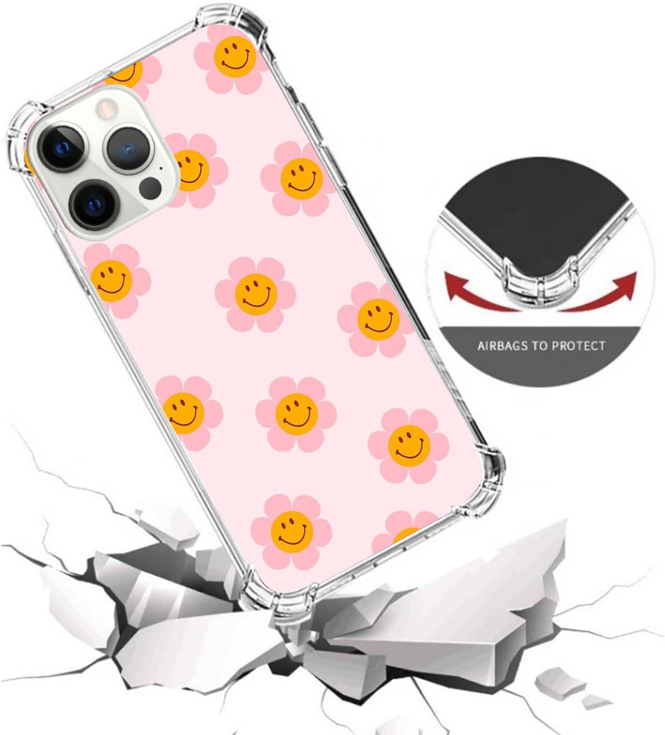 Funda para teléfono con diseño de flores sonrientes retro compatible con iPhone 13 Pro, bonita funda de teléfono con diseño de margaritas sonrientes