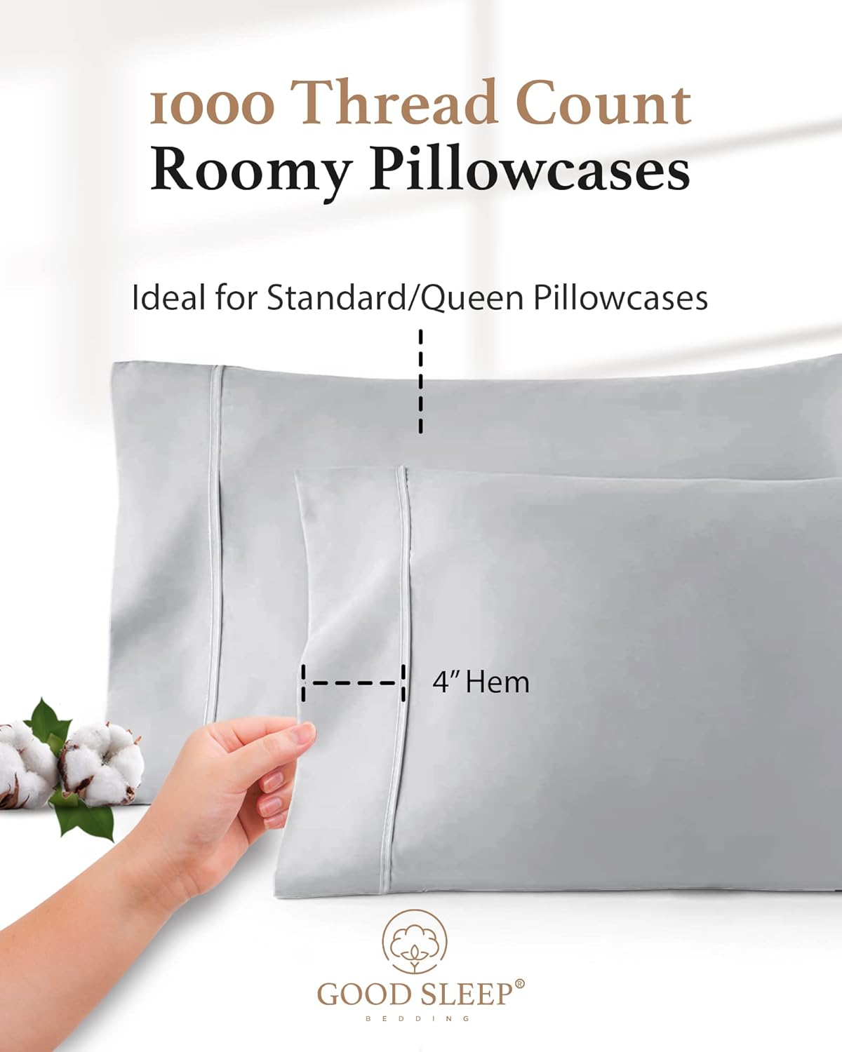 Juego de 2 fundas de almohada estándar de 1000 hilos, 100% algodón egipcio, con tejido de satén y algodón de fibra larga, suaves y sedosas, como
