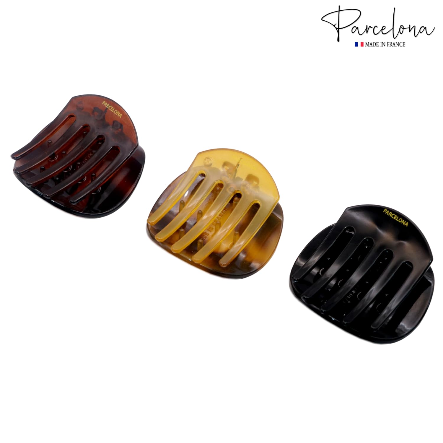 Parcelona French Onde – Juego de 3 carey de concha de tortuga negra y Savana, tamaño pequeño, 2 pulgadas, juego de 3 pinzas laterales redondas para