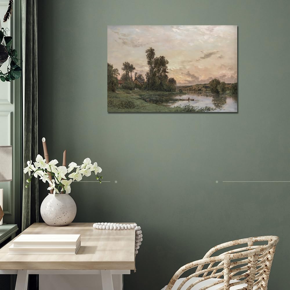 Pintura de paisaje vintage, arte de pared, decoración de habitación, impresionismo, pintura de paisaje tradicional, granja, lienzo, arte de paisaje