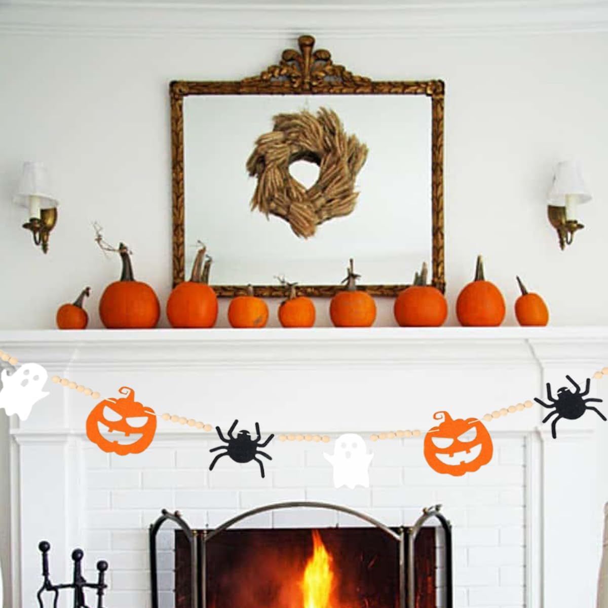 Decoraciones de Halloween Garlan de fieltro para interiores y exteriores, guirnalda de cuentas de madera de araña fantasma de fieltro para