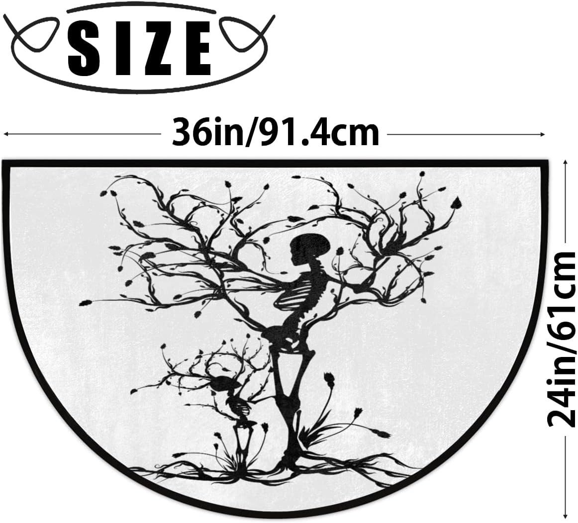 FZDXZJJ Tapete medio redondo con diseño de esqueleto, diseño de calavera y árbol, tapete de bienvenida de Halloween negro para puerta delantera,