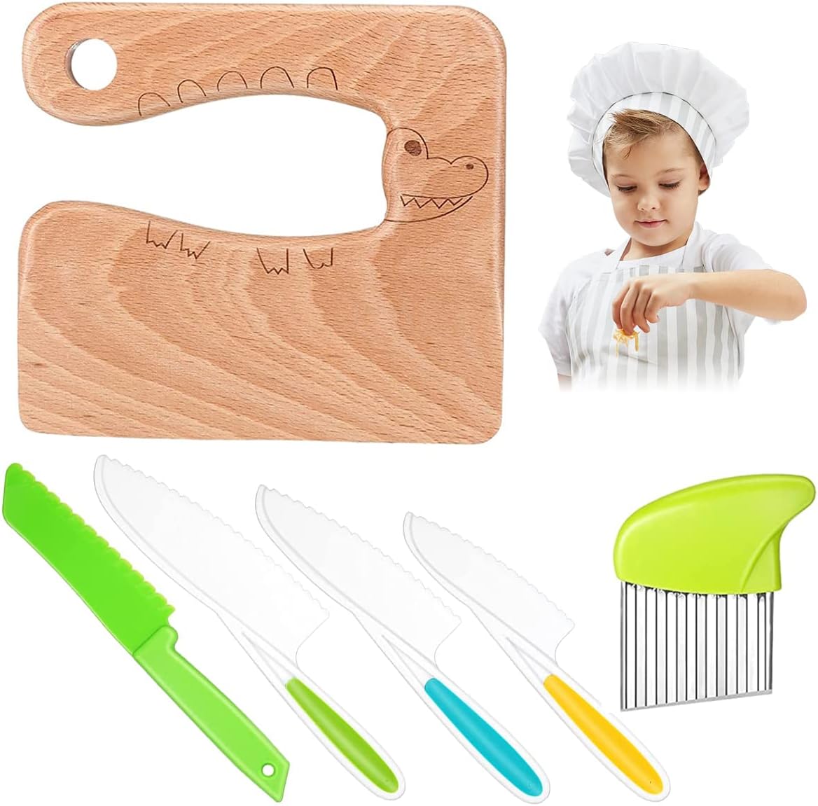 Janoiuc Juego de 6 cuchillos para niños para cortar, cuchillos para niños, juego de cuchillos de cocina para niños, cuchillo de madera para niños