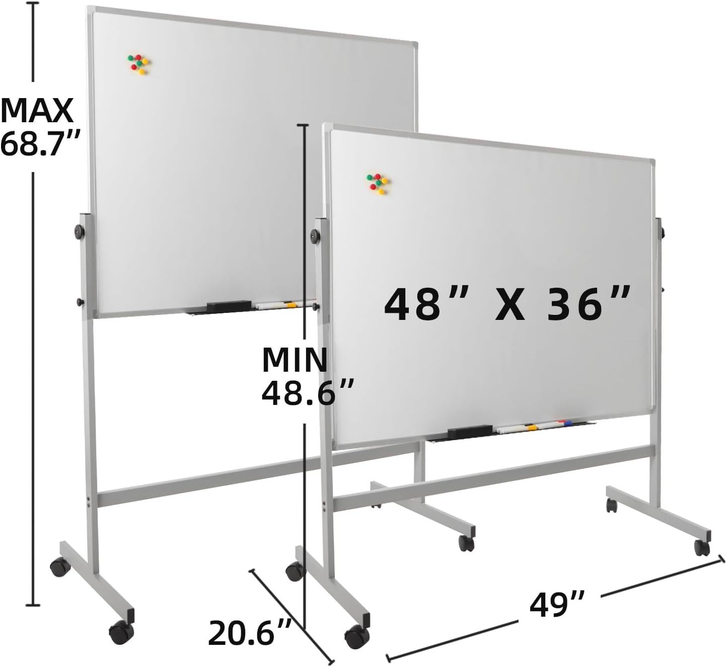 Pizarra blanca móvil de 48 x 36 pulgadas, pizarra magnética de borrado en seco de doble cara reversible de 360 con soporte rodante portátil sobre