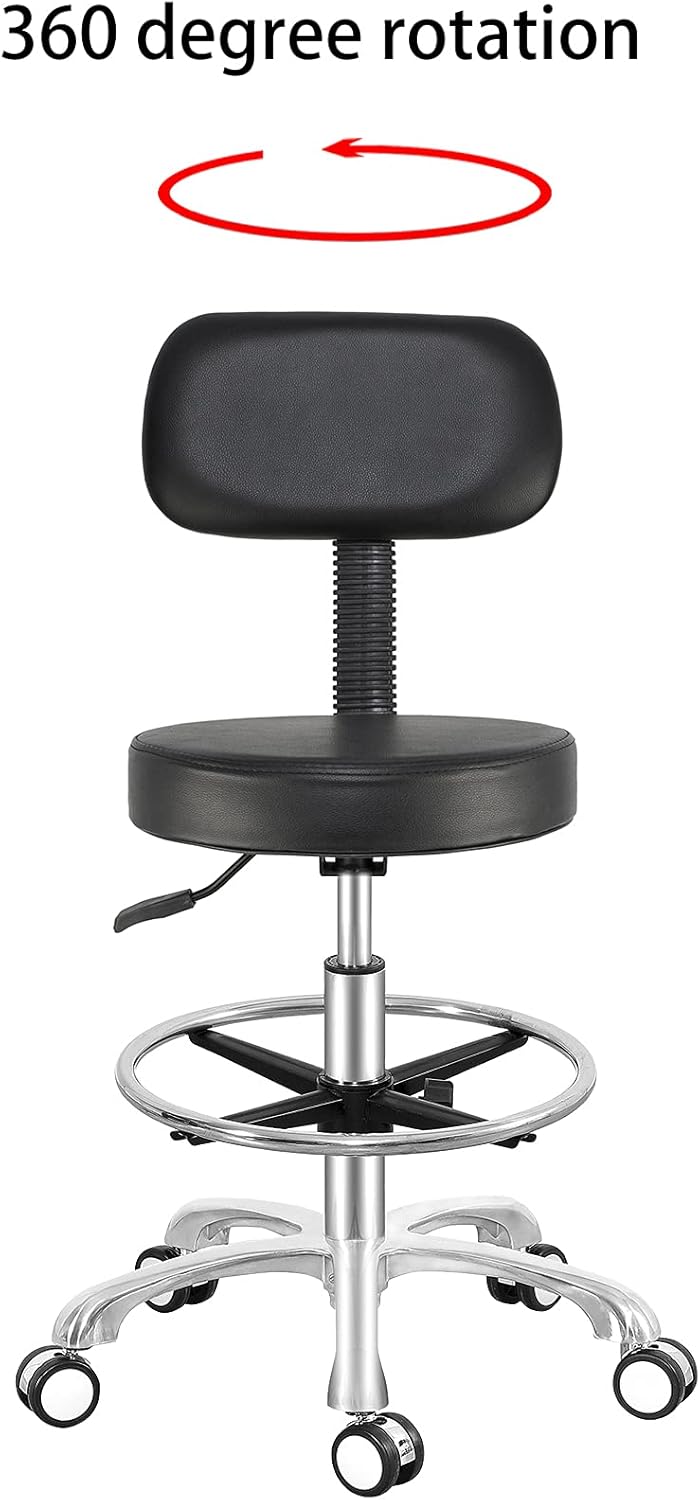 Antlu Taburete ajustable con ruedas y respaldo para oficina, tienda, cocina, salón médico, taburete giratorio con ruedas y respaldo (negro, con